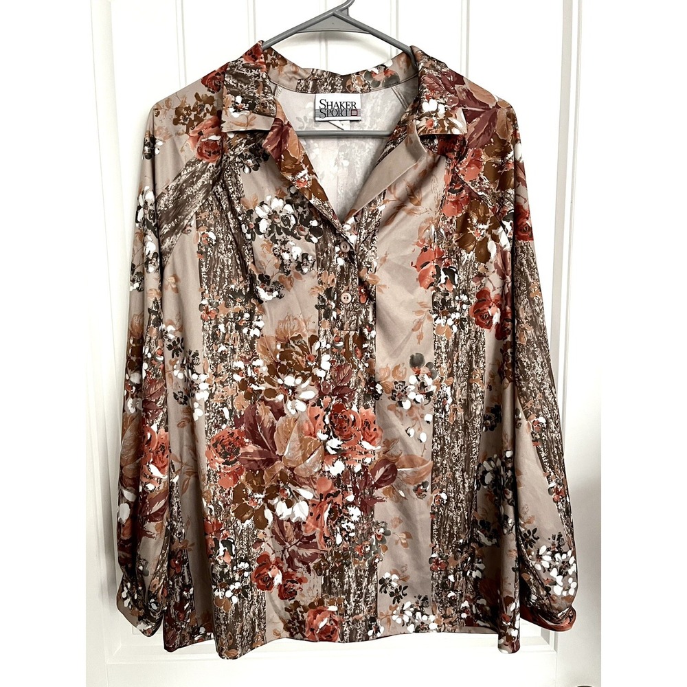 Vintage Disco Shaker‎ Sport Shirt Brown Floral  16W Womens 36 Stretch Blouse 111
